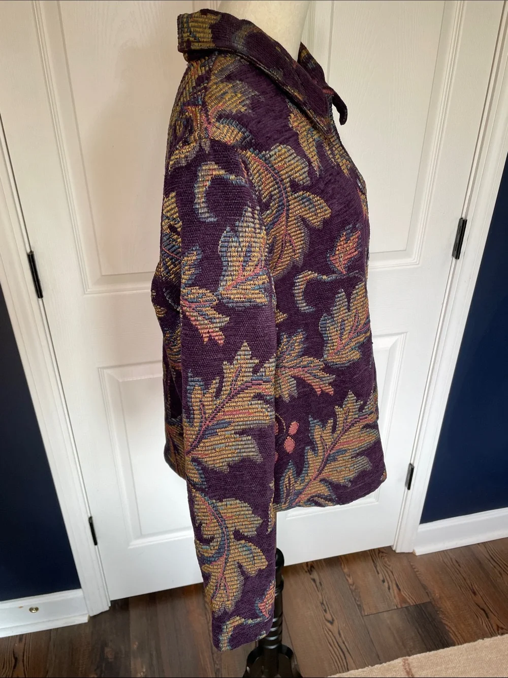 Vintage Robyne Faune Tapestry Jacket Purple Floral Leaf Brocade Knit Coat Sz XL